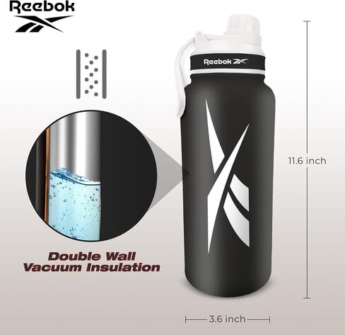 Reebok Stainless Steel Water Bottle With Straw Cap & Athletic Design - 32 oz - Double Wall Vacuum Insulated Sports Water Bottle With Straw, BPA Free (Grey with White Vector) in Saudi Arabia