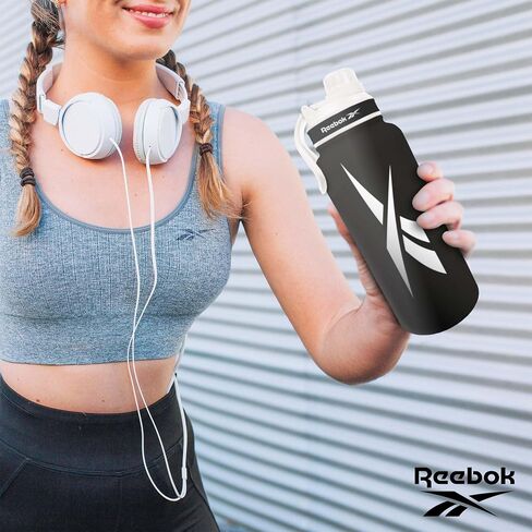 Reebok Stainless Steel Water Bottle With Straw Cap & Athletic Design - 32 oz - Double Wall Vacuum Insulated Sports Water Bottle With Straw, BPA Free (Grey with White Vector) in Saudi Arabia