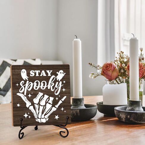 Halloween Decor Wood Sign Gifts, Halloween Bathroom Block Gifts, 5x5 Inch Wood Sign Comes With Iron Stand, Perfect For Home Office Farmhouse Toilet Restroom Decoration, Set Of 1-C04 in Saudi Arabia
