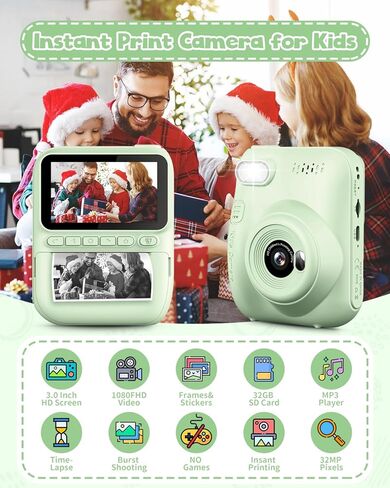 Kids Instant Print Camera, 3.0-inch HD Screen 32MP Photo Instant Digital Camera Christmas Birthday Gifts Toys for Toddle Children Girls Boys Age 3-12 - Pink in Saudi Arabia