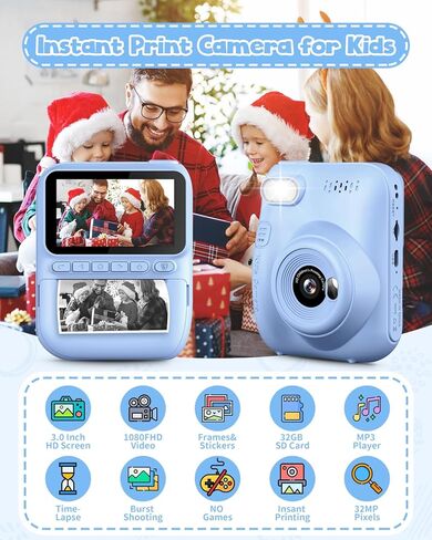 Kids Instant Print Camera, 3.0-inch HD Screen 32MP Photo Instant Digital Camera Christmas Birthday Gifts Toys for Toddle Children Girls Boys Age 3-12 - Pink in Saudi Arabia