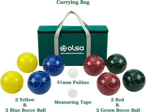 Olsa 90/100/107mm Bocce Balls Set, Bocci Ball Game Set with 8 Poly-Resin Balls, 1 White Pallino, Premium Carrying Bag, Measuring Tape for Outdoor Backyard Lawn Beach in Saudi Arabia