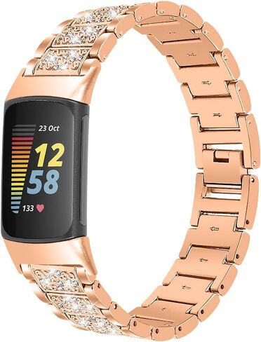 متوافق مع سوار Fitbit Charge 5 للنساء، سوار بديل من الفولاذ المقاوم للصدأ اللامع Charge 5 وسوار ساعة بديل + حجر الراين الكريستالي اللامع متوافق مع Fitbit Charge 5 in Kuwait