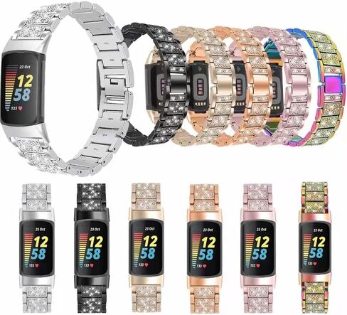 متوافق مع سوار Fitbit Charge 5 للنساء، سوار بديل من الفولاذ المقاوم للصدأ اللامع Charge 5 وسوار ساعة بديل + حجر الراين الكريستالي اللامع متوافق مع Fitbit Charge 5 in Kuwait