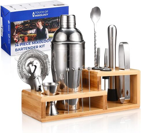Bartender Kit with Cocktail Shaker, Stylish Bamboo Stand, Liquor Pourers for an Perfect Drink Mixing Experience - 14 Piece Barware Essentials Cocktail Shaker Set (Silver) in Saudi Arabia
