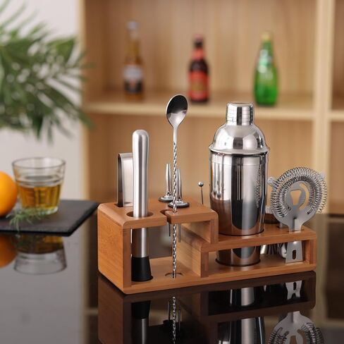 Bartender Kit with Cocktail Shaker, Stylish Bamboo Stand, Liquor Pourers for an Perfect Drink Mixing Experience - 14 Piece Barware Essentials Cocktail Shaker Set (Silver) in Saudi Arabia