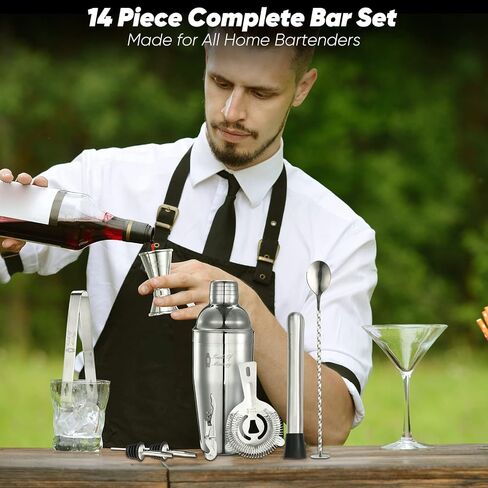 Bartender Kit with Cocktail Shaker, Stylish Bamboo Stand, Liquor Pourers for an Perfect Drink Mixing Experience - 14 Piece Barware Essentials Cocktail Shaker Set (Silver) in Saudi Arabia