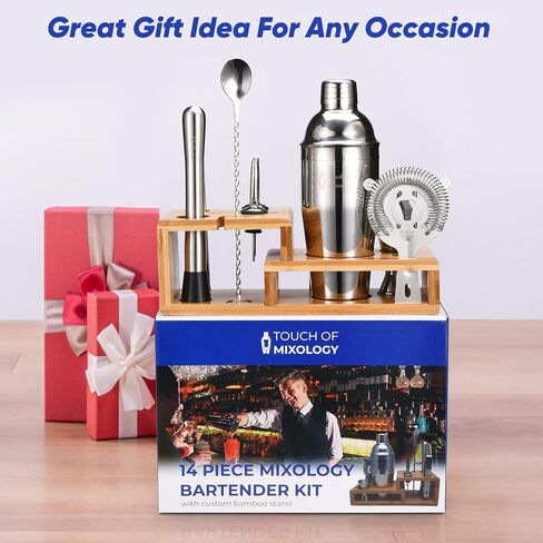 Bartender Kit with Cocktail Shaker, Stylish Bamboo Stand, Liquor Pourers for an Perfect Drink Mixing Experience - 14 Piece Barware Essentials Cocktail Shaker Set (Silver) in Saudi Arabia
