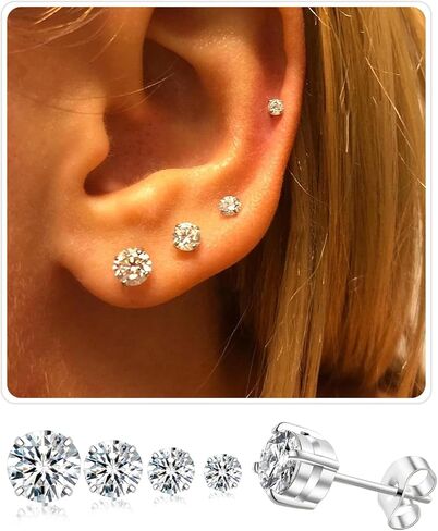 4 Pairs Stud Earrings Set, Hypoallergenic Cubic Zirconia 316L Earrings Stainless Steel CZ Earrings 3-4-5-6mm for Women for Men in Saudi Arabia