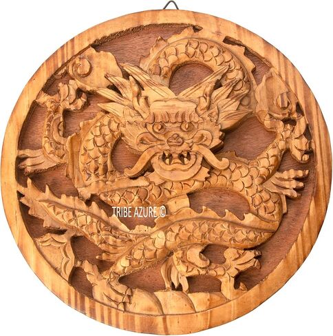 Tribe Azure Fair Trade Wood Carved Wall Haging, Wall Decor, Wall Art, Decorative, Animal, Rustic, Home, Living Room Accent (Round Dragon Medium) in Saudi Arabia