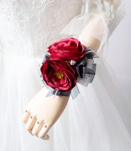 Ansuma Prom Corsage Boutonniere Set for Women and Men, Black Red Rose for Groom Bride Groomsmen Bridesmaid Wedding Artificial Flower Decor Accessories on Dinner Dance Party (Burgundy) in Saudi Arabia