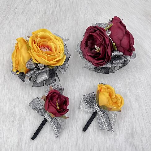 Ansuma Prom Corsage Boutonniere Set for Women and Men, Black Red Rose for Groom Bride Groomsmen Bridesmaid Wedding Artificial Flower Decor Accessories on Dinner Dance Party (Burgundy) in Saudi Arabia