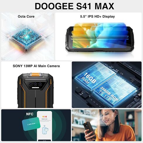 DOOGEE S41 MAX هاتف ذكي متين 2024، 16 جيجابايت + 256 جيجابايت/SD 1 تيرابايت هاتف متين أندرويد 13، هاتف خلوي متين 6300 مللي أمبير في الساعة، شاشة 5.5 بوصة HD+، هاتف محمول IP68 مقاوم للماء 4G خارجي، NFC/WiFi/OTG in Saudi Arabia