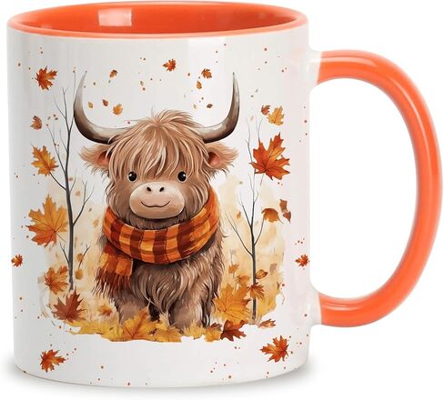 Hyturtle Fall Highland Cow Maple Leaves Coffee Mug - Birthday Gifts For Cow Lovers - Fall Autumn Decor Gifts For Farmhouse Thanksgiving - Highland Cow Gifts - 11oz White Ceramic Coffee Tea Mug in Saudi Arabia