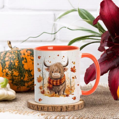 Hyturtle Fall Highland Cow Maple Leaves Coffee Mug - Birthday Gifts For Cow Lovers - Fall Autumn Decor Gifts For Farmhouse Thanksgiving - Highland Cow Gifts - 11oz White Ceramic Coffee Tea Mug in Saudi Arabia