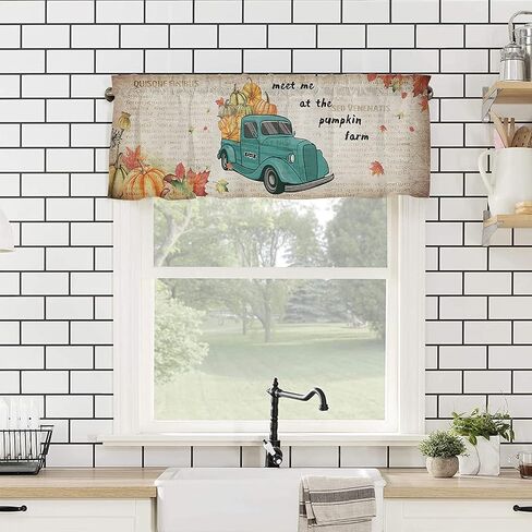 Farmhouse Old Newspaper Window Valance Rod Pocket Panel for Kitchen Bedroom Windows Vintage Truck with Harvest Pumpkin Valances Short Curtain Bathroom Treatment Drapes in Saudi Arabia