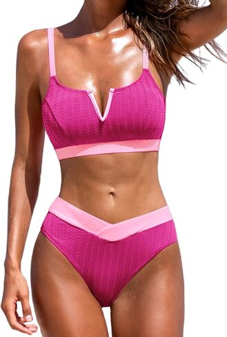 CUPSHE Women's Bikini Sets Two Piece Swimsuit Color Block V Wire Adjustable Straps Textured V Cut Cheeky Bottom in Saudi Arabia