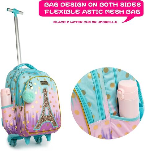 حقيبة ظهر بعجلات مقاس 18 بوصة للأطفال مع حقيبة غداء معزولة وحقيبة أقلام للأولاد والبنات in Kuwait