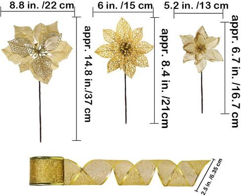 Winlyn 26 Set 3 Style Christmas Gold Glitter Poinsettia Flowers Picks Xmas Tree Ornaments and 12 Yards Decorative Gold Glittered Wired Ribbon for Gold Christmas Tree Wreaths Garland Holiday Décor in Saudi Arabia