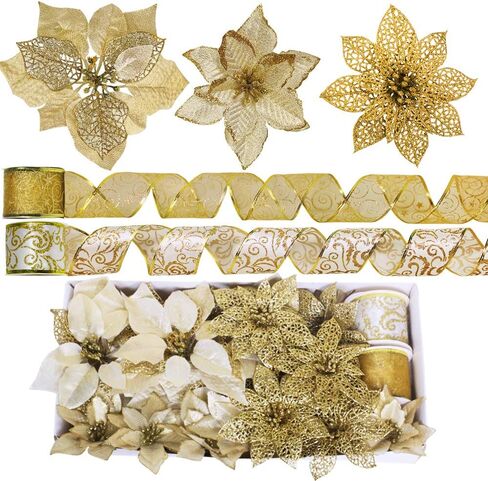 Winlyn 26 Set 3 Style Christmas Gold Glitter Poinsettia Flowers Picks Xmas Tree Ornaments and 12 Yards Decorative Gold Glittered Wired Ribbon for Gold Christmas Tree Wreaths Garland Holiday Décor in Saudi Arabia