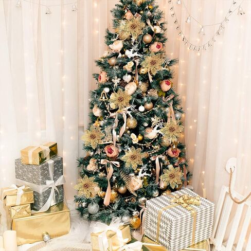 Winlyn 26 Set 3 Style Christmas Gold Glitter Poinsettia Flowers Picks Xmas Tree Ornaments and 12 Yards Decorative Gold Glittered Wired Ribbon for Gold Christmas Tree Wreaths Garland Holiday Décor in Saudi Arabia