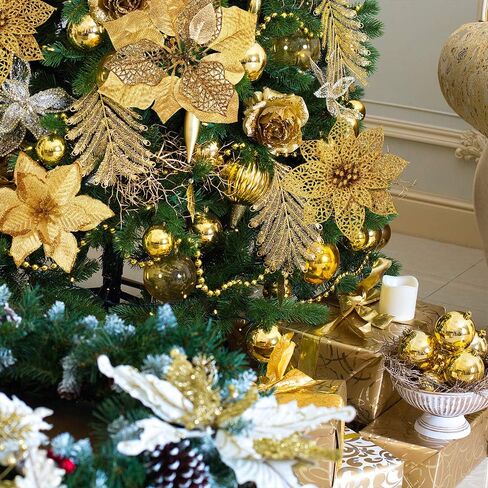 Winlyn 26 Set 3 Style Christmas Gold Glitter Poinsettia Flowers Picks Xmas Tree Ornaments and 12 Yards Decorative Gold Glittered Wired Ribbon for Gold Christmas Tree Wreaths Garland Holiday Décor in Saudi Arabia