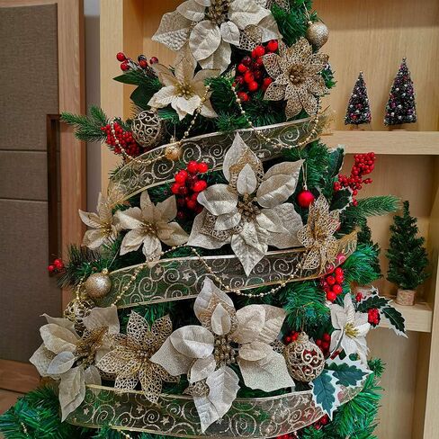 Winlyn 26 Set 3 Style Christmas Gold Glitter Poinsettia Flowers Picks Xmas Tree Ornaments and 12 Yards Decorative Gold Glittered Wired Ribbon for Gold Christmas Tree Wreaths Garland Holiday Décor in Saudi Arabia