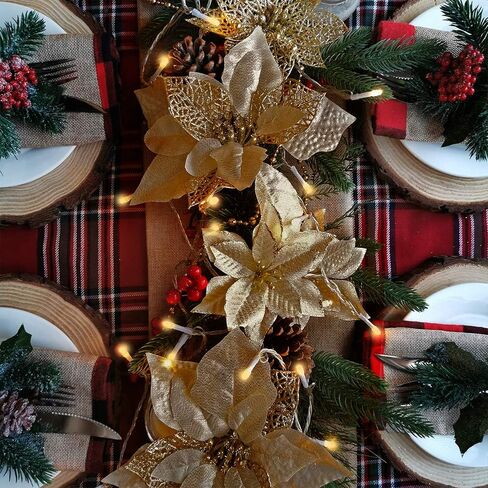 Winlyn 26 Set 3 Style Christmas Gold Glitter Poinsettia Flowers Picks Xmas Tree Ornaments and 12 Yards Decorative Gold Glittered Wired Ribbon for Gold Christmas Tree Wreaths Garland Holiday Décor in Saudi Arabia