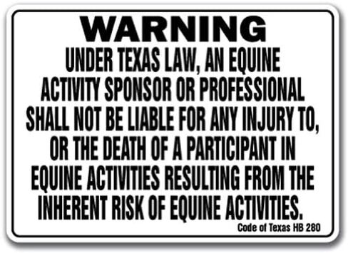 TEXAS Equine Sign activity liability warning statute horse farm barn stable, 12" X 18" Rigid Plastic in Saudi Arabia