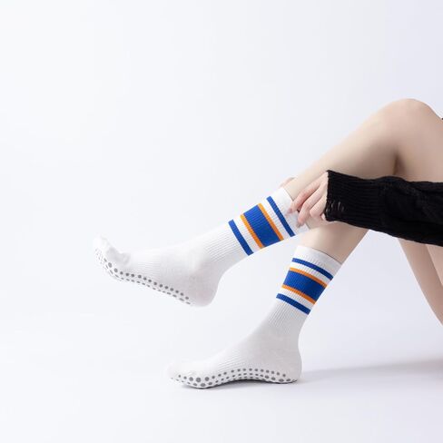 Yoga Pilates Socks with Grips for Women Striped Cushioned Non Slip Crew Socks for Barre Ballet Dance in Saudi Arabia