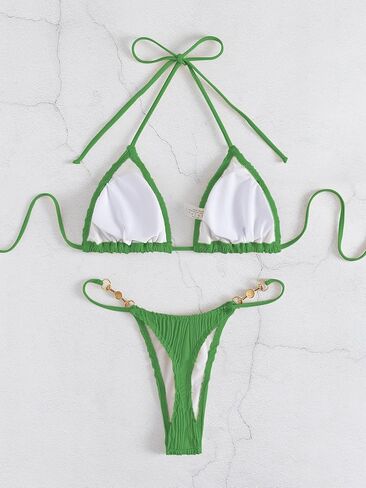 GORGLITTER Women's High Cut Thong Bikini Set Ribbed Textured Triangle Swimsuit Faux Pearls Tie Side Bathing Suit in Kuwait