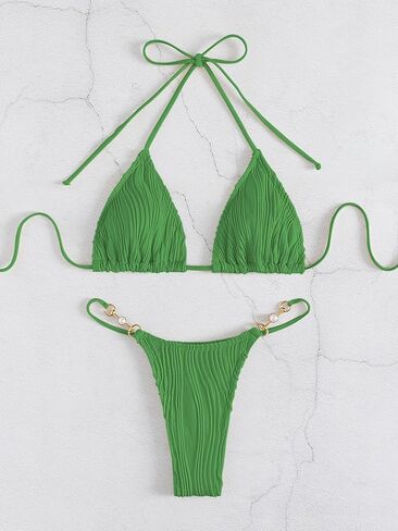 GORGLITTER Women's High Cut Thong Bikini Set Ribbed Textured Triangle Swimsuit Faux Pearls Tie Side Bathing Suit in Kuwait