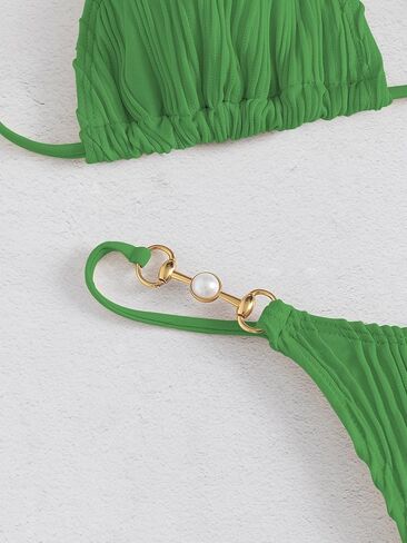 GORGLITTER Women's High Cut Thong Bikini Set Ribbed Textured Triangle Swimsuit Faux Pearls Tie Side Bathing Suit in Kuwait