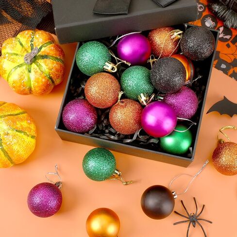 JULMELON 36Pcs Halloween Ball Ornaments Halloween Glitter Hanging Ball Decorations Sequin Black Halloween Tree Ornament for Halloween Home Party Decor(Black, Orange, Purple and Green) in Saudi Arabia