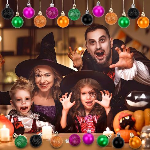 JULMELON 36Pcs Halloween Ball Ornaments Halloween Glitter Hanging Ball Decorations Sequin Black Halloween Tree Ornament for Halloween Home Party Decor(Black, Orange, Purple and Green) in Saudi Arabia