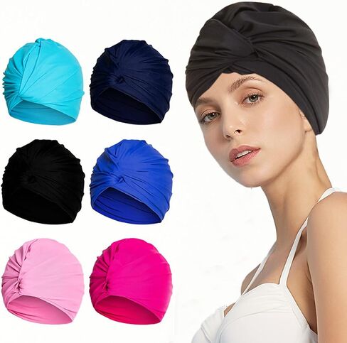 Colorful Pleated Extra Large Nylon Cloth Swim Cap for Women Swimming,Swimming Cap Comfort Hot Spring Bathing Caps for Adult Men Women Long Hair in Kuwait