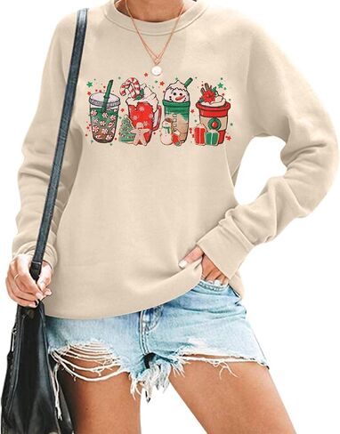 المرأة عيد الميلاد فناجين القهوة البلوز ثلج ريترو رائع كم طويل تي شيرت سانتا الكوكيز خفيفة الوزن المحملة in Kuwait