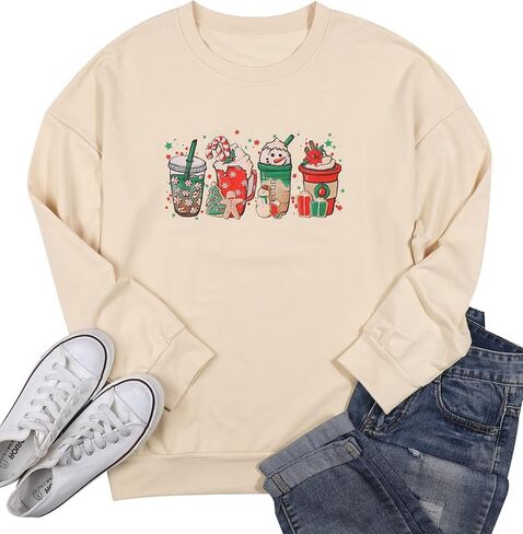 المرأة عيد الميلاد فناجين القهوة البلوز ثلج ريترو رائع كم طويل تي شيرت سانتا الكوكيز خفيفة الوزن المحملة in Kuwait