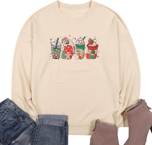 المرأة عيد الميلاد فناجين القهوة البلوز ثلج ريترو رائع كم طويل تي شيرت سانتا الكوكيز خفيفة الوزن المحملة in Kuwait