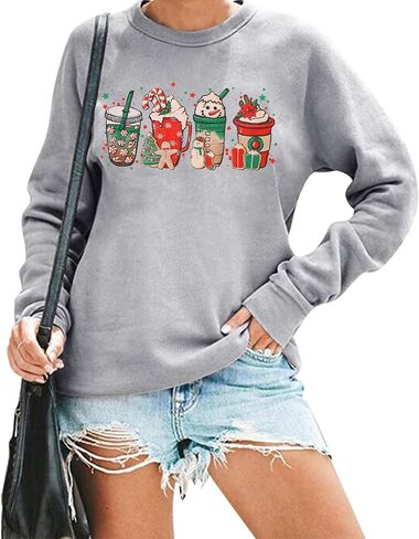 Women Christmas Coffee Cups Sweatshirt Snowman Retro Groovy Long Sleeve T-shirt Santa Cookies Lightweight Tee in Saudi Arabia