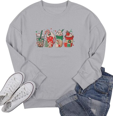 Women Christmas Coffee Cups Sweatshirt Snowman Retro Groovy Long Sleeve T-shirt Santa Cookies Lightweight Tee in Saudi Arabia