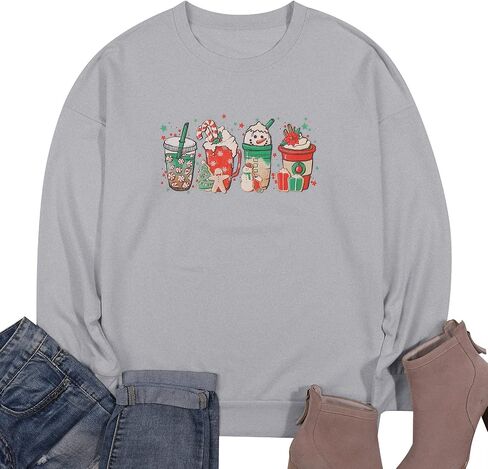 Women Christmas Coffee Cups Sweatshirt Snowman Retro Groovy Long Sleeve T-shirt Santa Cookies Lightweight Tee in Saudi Arabia