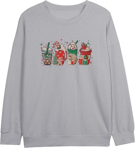 Women Christmas Coffee Cups Sweatshirt Snowman Retro Groovy Long Sleeve T-shirt Santa Cookies Lightweight Tee in Saudi Arabia