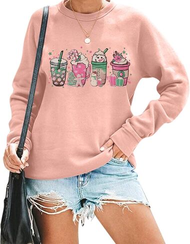 Women Christmas Coffee Cups Sweatshirt Snowman Retro Groovy Long Sleeve T-shirt Santa Cookies Lightweight Tee in Saudi Arabia