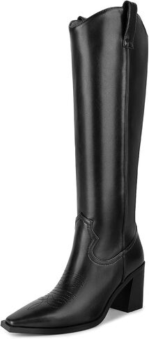 ISNOM Cowboy Boots for Women Cowgirl Boots Women Western Boots for Women, Cowgirl Boots for Women Knee High Boots Women Pointed Toe Chunky Boots for Women Wide Calf Boots Side Zipper Leather Boots in Saudi Arabia