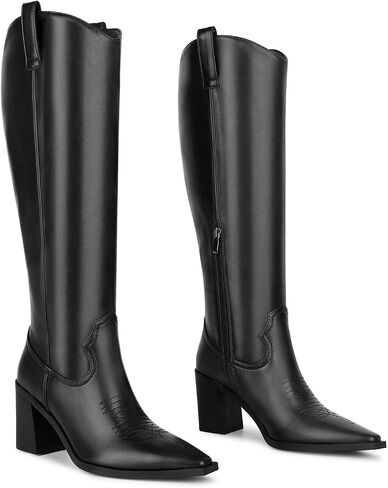 ISNOM Cowboy Boots for Women Cowgirl Boots Women Western Boots for Women, Cowgirl Boots for Women Knee High Boots Women Pointed Toe Chunky Boots for Women Wide Calf Boots Side Zipper Leather Boots in Saudi Arabia