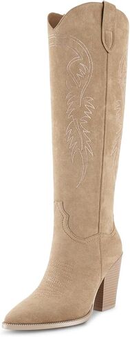 ISNOM Cowboy Boots for Women Cowgirl Boots Women Western Boots for Women, Cowgirl Boots for Women Knee High Boots Women Pointed Toe Chunky Boots for Women Wide Calf Boots Side Zipper Leather Boots in Saudi Arabia