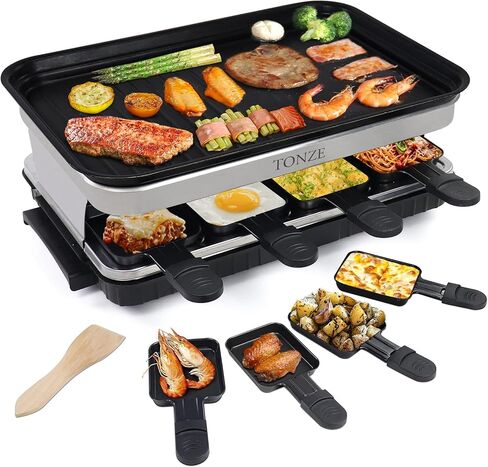 Raclette Table Grill, Electric Indoor Grill Korean BBQ Grill 2 in 1 Electric Griddle Nonstick with 8 Raclette Cheese Pans 1 Tong Adjustable Temperature Control 1300W Ideal for Family and Party Fun in Saudi Arabia