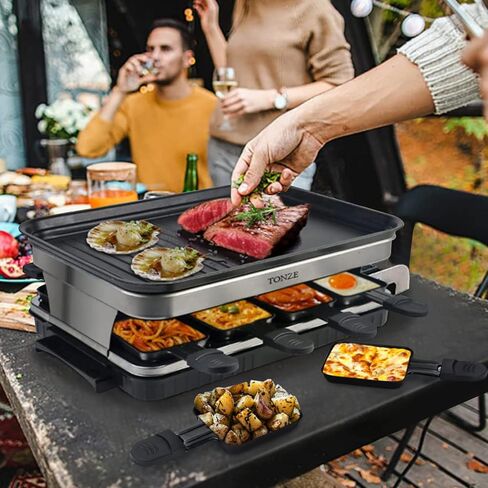 Raclette Table Grill, Electric Indoor Grill Korean BBQ Grill 2 in 1 Electric Griddle Nonstick with 8 Raclette Cheese Pans 1 Tong Adjustable Temperature Control 1300W Ideal for Family and Party Fun in Saudi Arabia