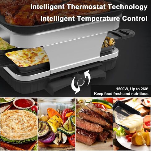 Raclette Table Grill, Electric Indoor Grill Korean BBQ Grill 2 in 1 Electric Griddle Nonstick with 8 Raclette Cheese Pans 1 Tong Adjustable Temperature Control 1300W Ideal for Family and Party Fun in Saudi Arabia